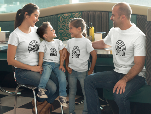 family of four having a reunion at a restaurant while wearing different t shirts mockup a15659