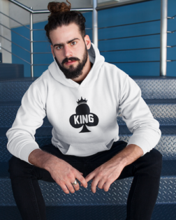hipster man with beard wearing a pullover hoodie mockup sitting on metal stairs a17763