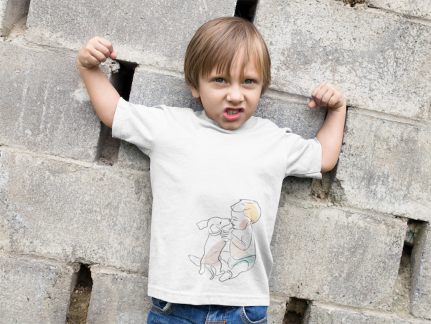 little boy wearing a t shirt mockup while raising his arms a17943 1