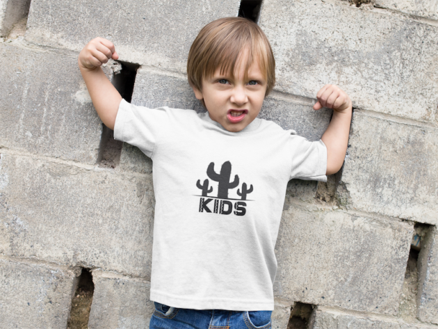 little boy wearing a t shirt mockup while raising his arms a17943 4