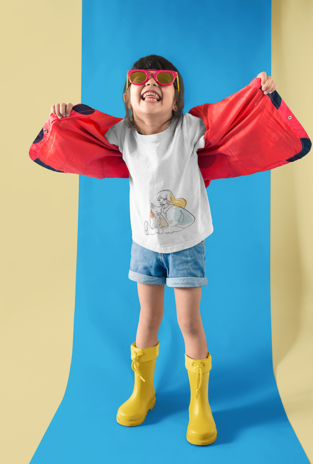 little girl playing with her red jacket wearing a tshirt mockup in a two colors room a19473