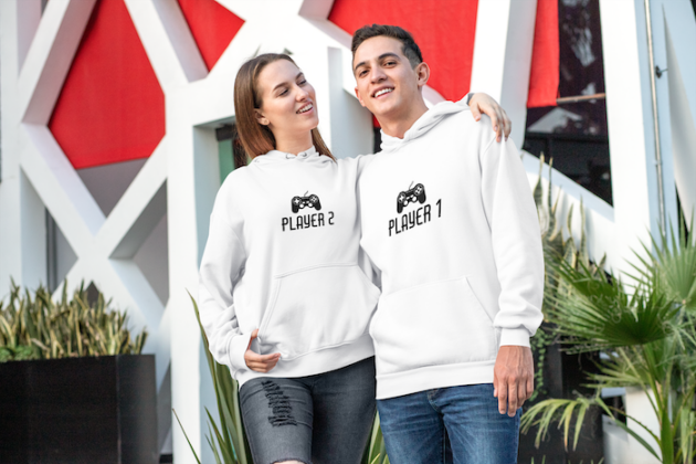mockup featuring a couple with matching hoodies 30758