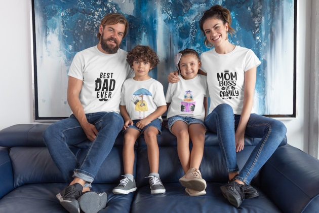 mockup of a beautiful family wearing t shirts in their home 28055 1