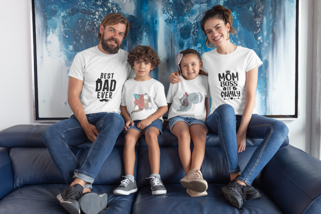 mockup of a beautiful family wearing t shirts in their home 28055