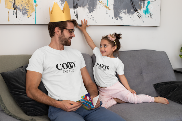 mockup of a dad and his daughter wearing matching t shirts 33071