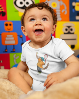 mockup of a joyful baby boy smiling wearing a onesie 14027