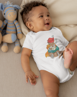 onesie mockup of a cute baby boy lying in bed with stuffed animals 25121 4