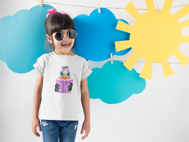smiling girl wearing a round neck tshirt template near cardboard sun and clouds a19480 8