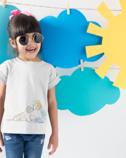 smiling girl wearing a round neck tshirt template near cardboard sun and clouds a19480 9