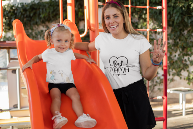 t shirt mockup of a little girl and her mom having fun at a playground 26499