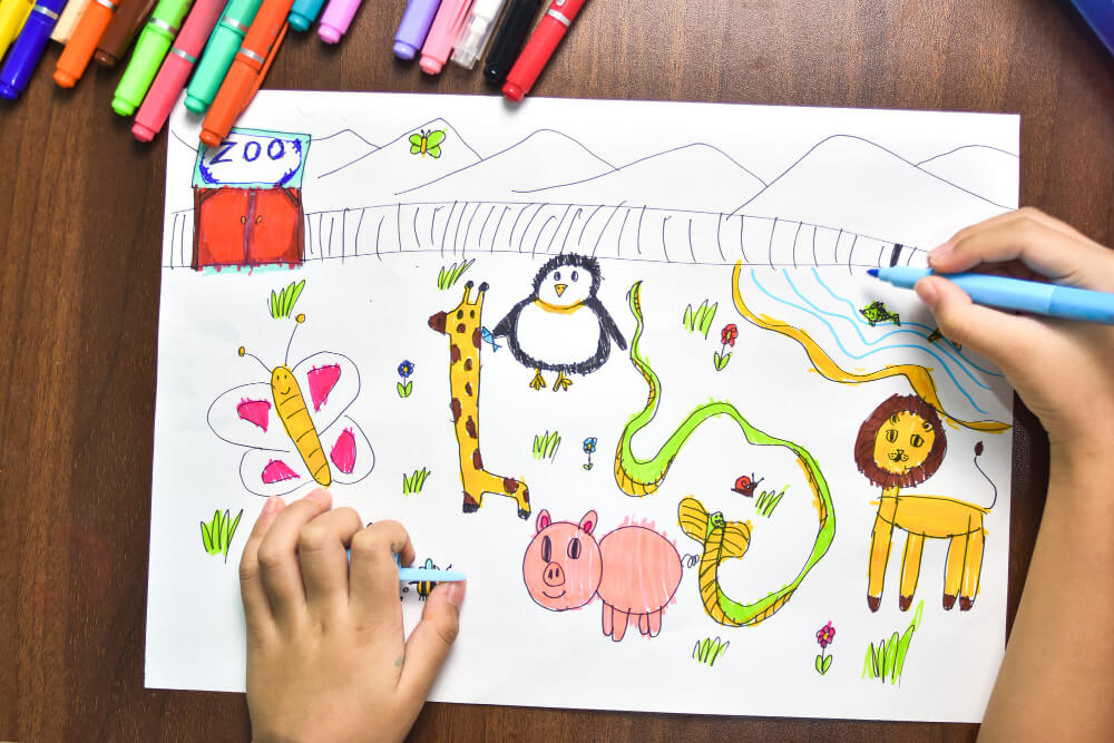children-use-marker-coloured-pens-sketch-imagined-animals-white-paper