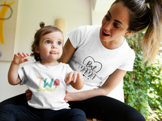 mockup of a mom and baby girl wearing different tshirts while talking a16084 2