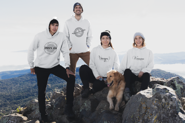 pullover hoodie mockup featuring a group of friends at a mountain peak 30493