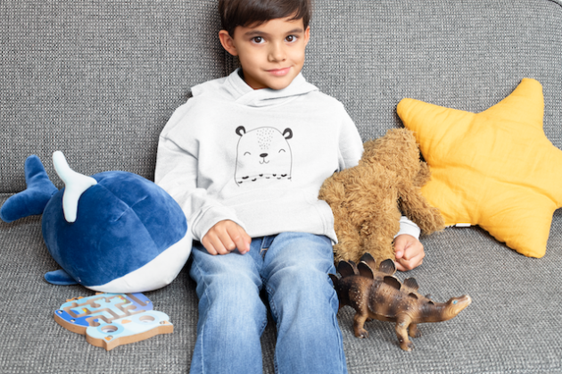 pullover hoodie mockup featuring a kid with his cuddly toys 32170 5
