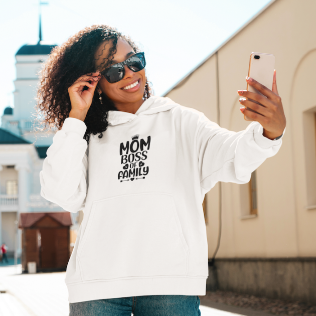 pullover hoodie mockup of a woman with sunglasses taking a selfie m25679 r el2
